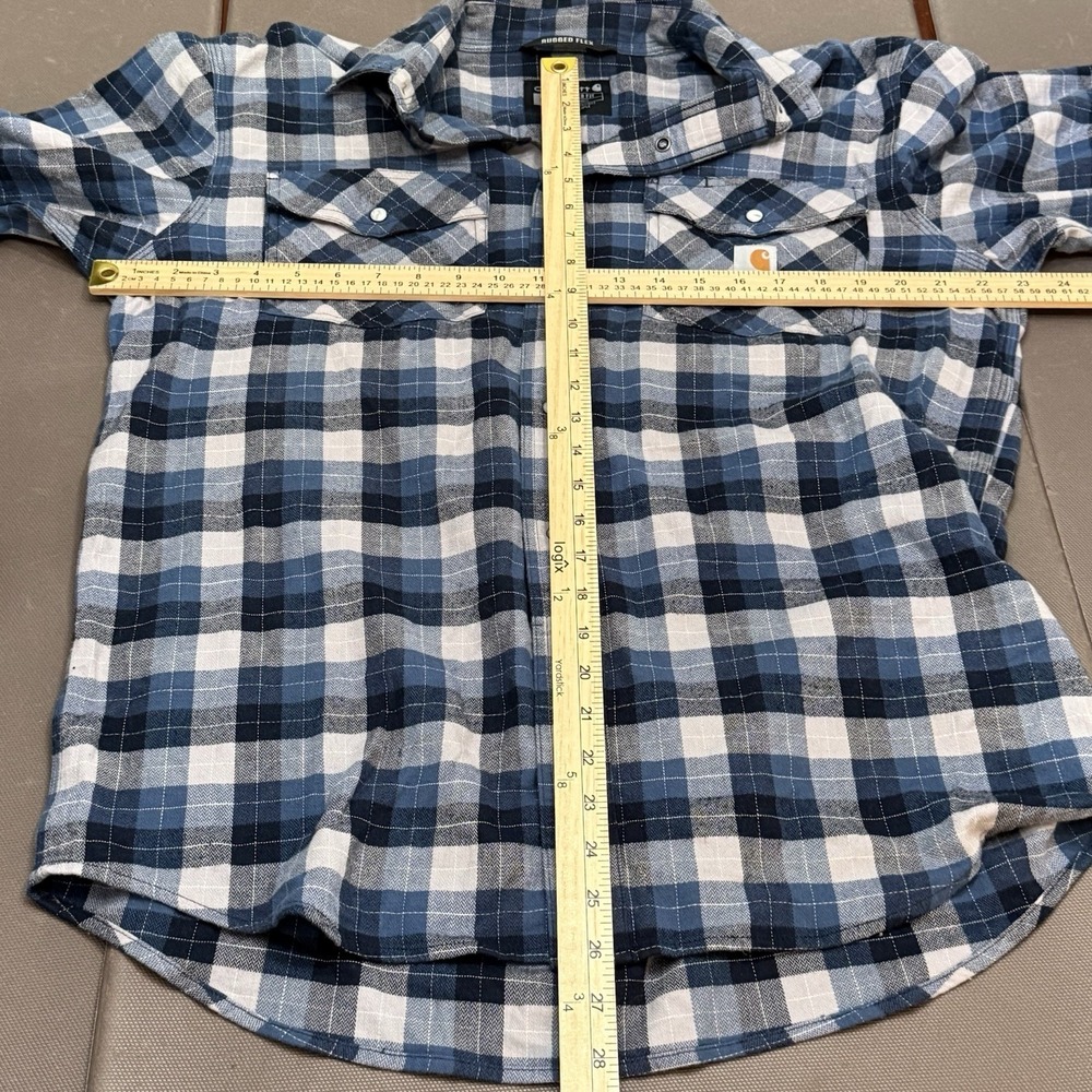 Carhartt Relaxed Fit Blue White Plaid Flannel Pearl Snap Shirt M Western Chore - Picture 7 of 7